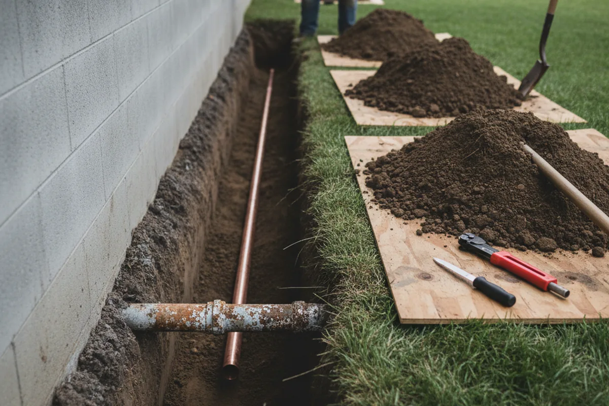 Excavated water line trench during Water Softener Installation in Loami
